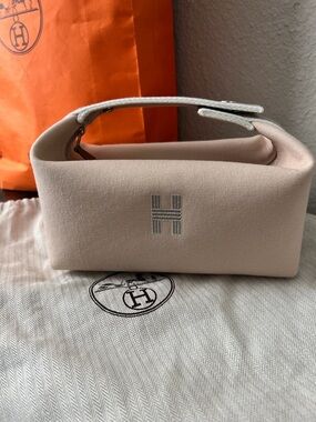 Hermes Beige Canvas Cosmetic Pouch with Silver 'H'